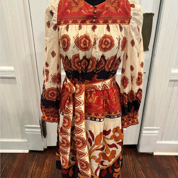 Farm Rio Anthropologie NWT Ainika Cream Midi Dress Sz Xs Boho Long Sleeve - Picture 3 of 12